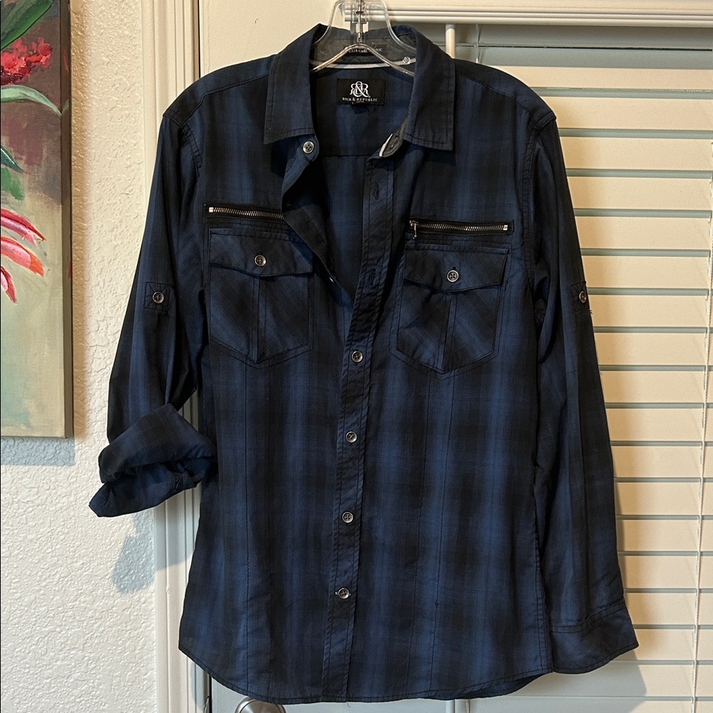 Rock & Republic Navy and Black Plaid Shirt